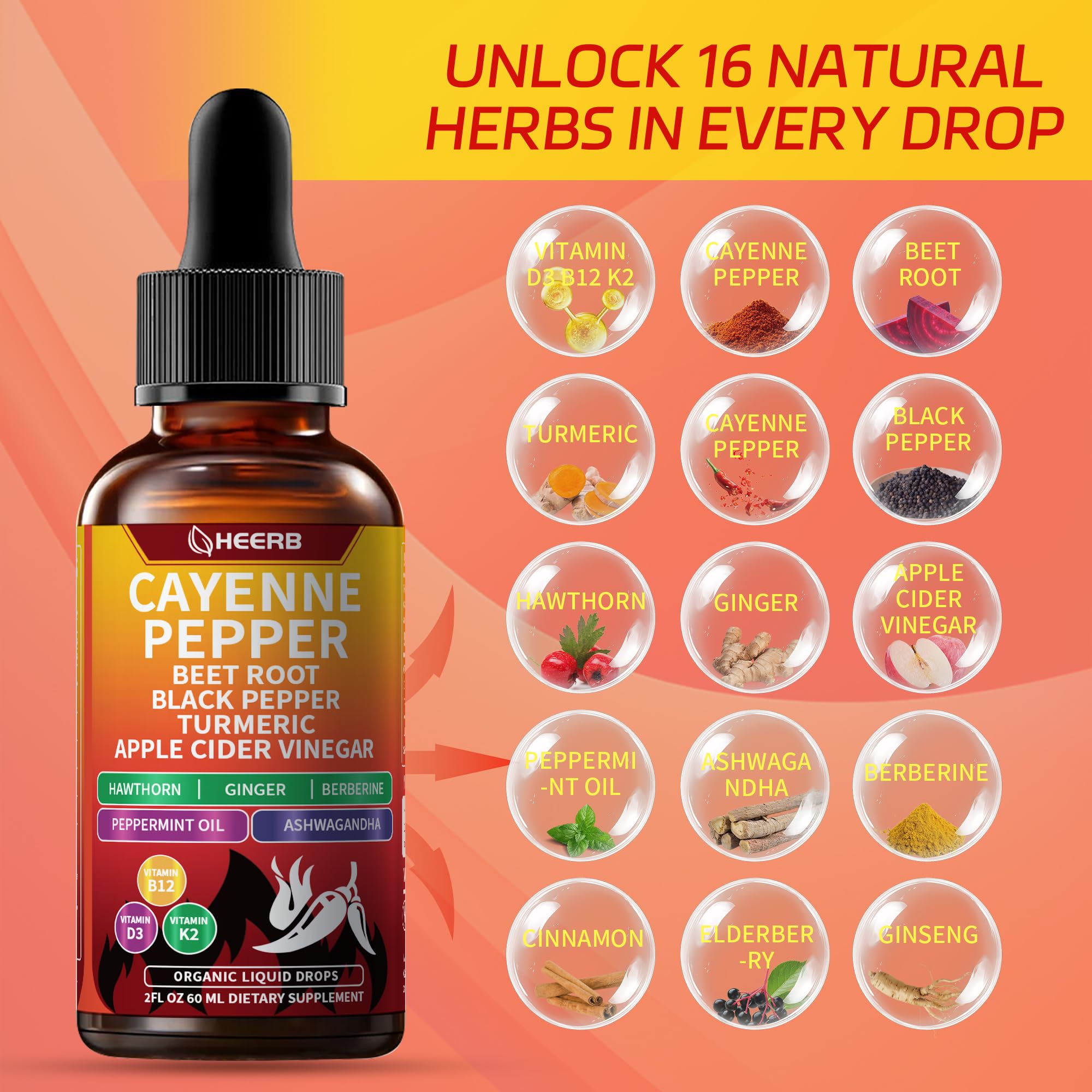 HEERB Vascuflow cayenne drops amber bottle communicates light protection and product freshness.