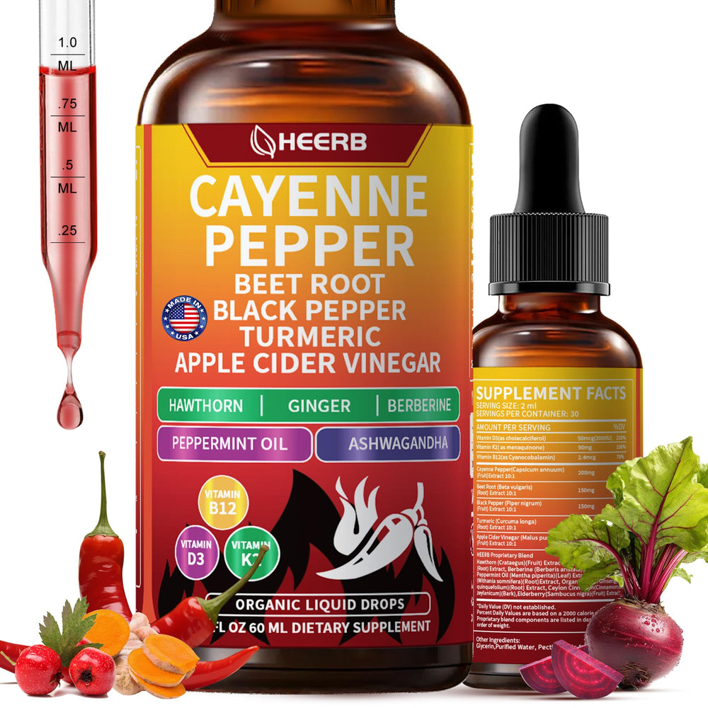 HEERB Vascuflow cayenne drops bottle front highlights organic ingredients for metabolism support.