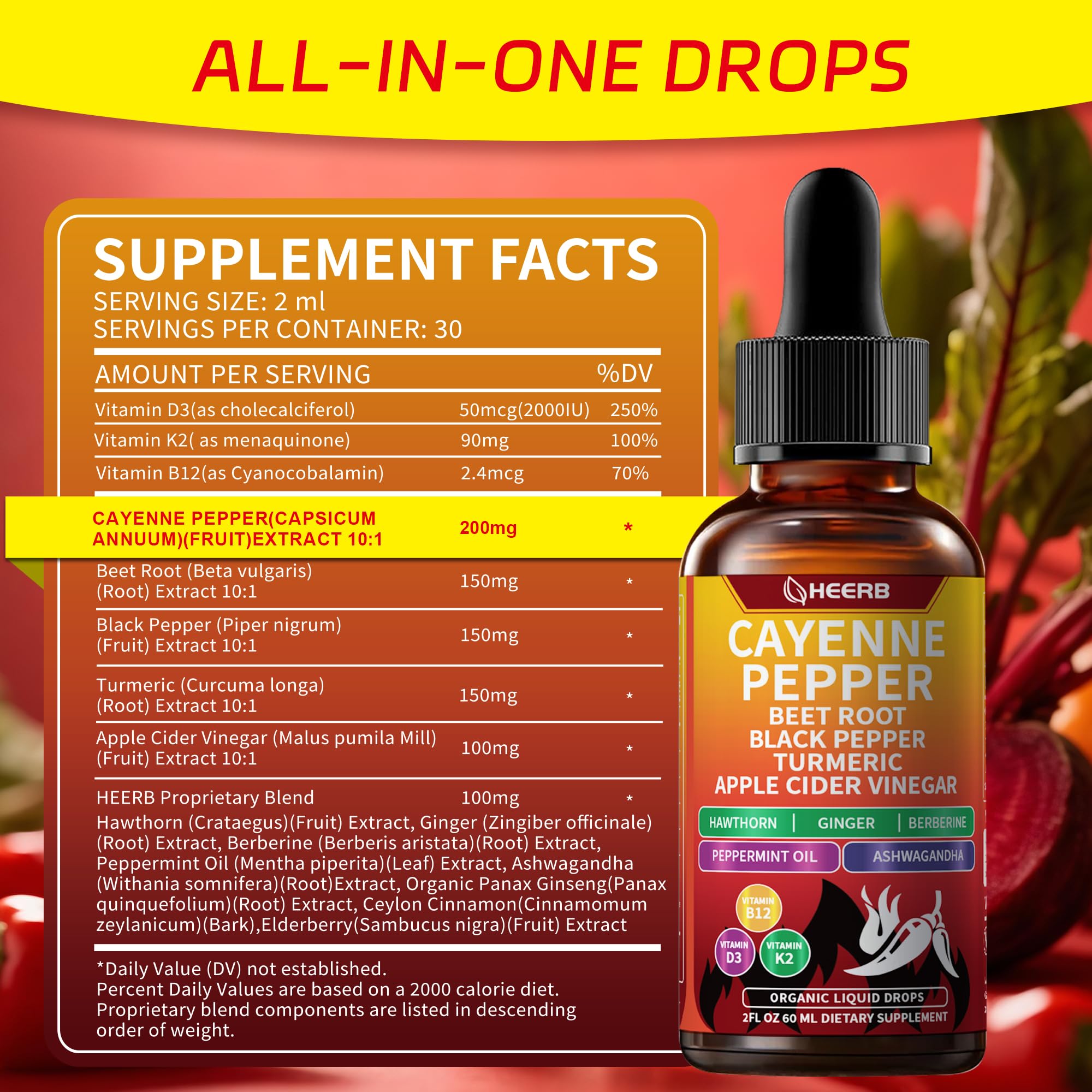HEERB Vascuflow cayenne drops ingredients icons convey beet root, turmeric, hawthorn, and ginseng benefits.