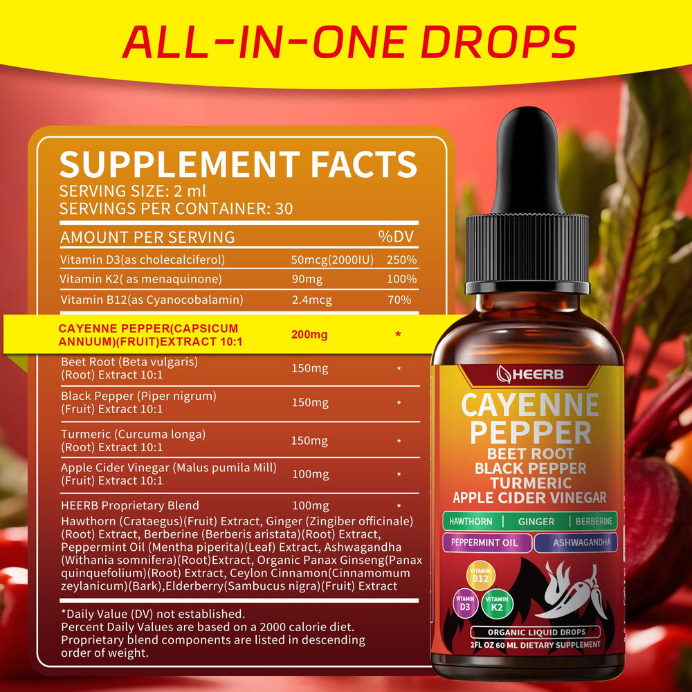 HEERB Vascuflow cayenne drops ingredients icons convey beet root, turmeric, hawthorn, and ginseng benefits.