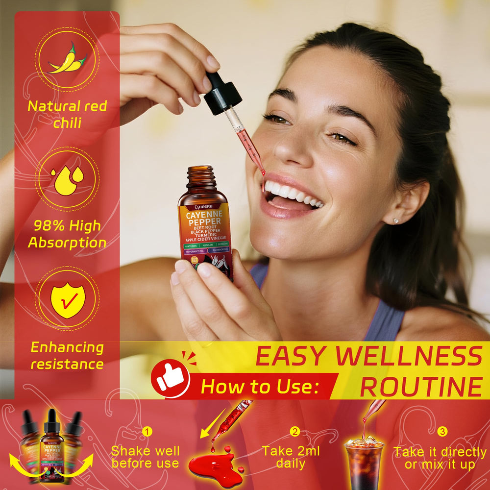 HEERB Vascuflow cayenne drops packaging scene highlights vegan, non-GMO, and GMP-certified quality.