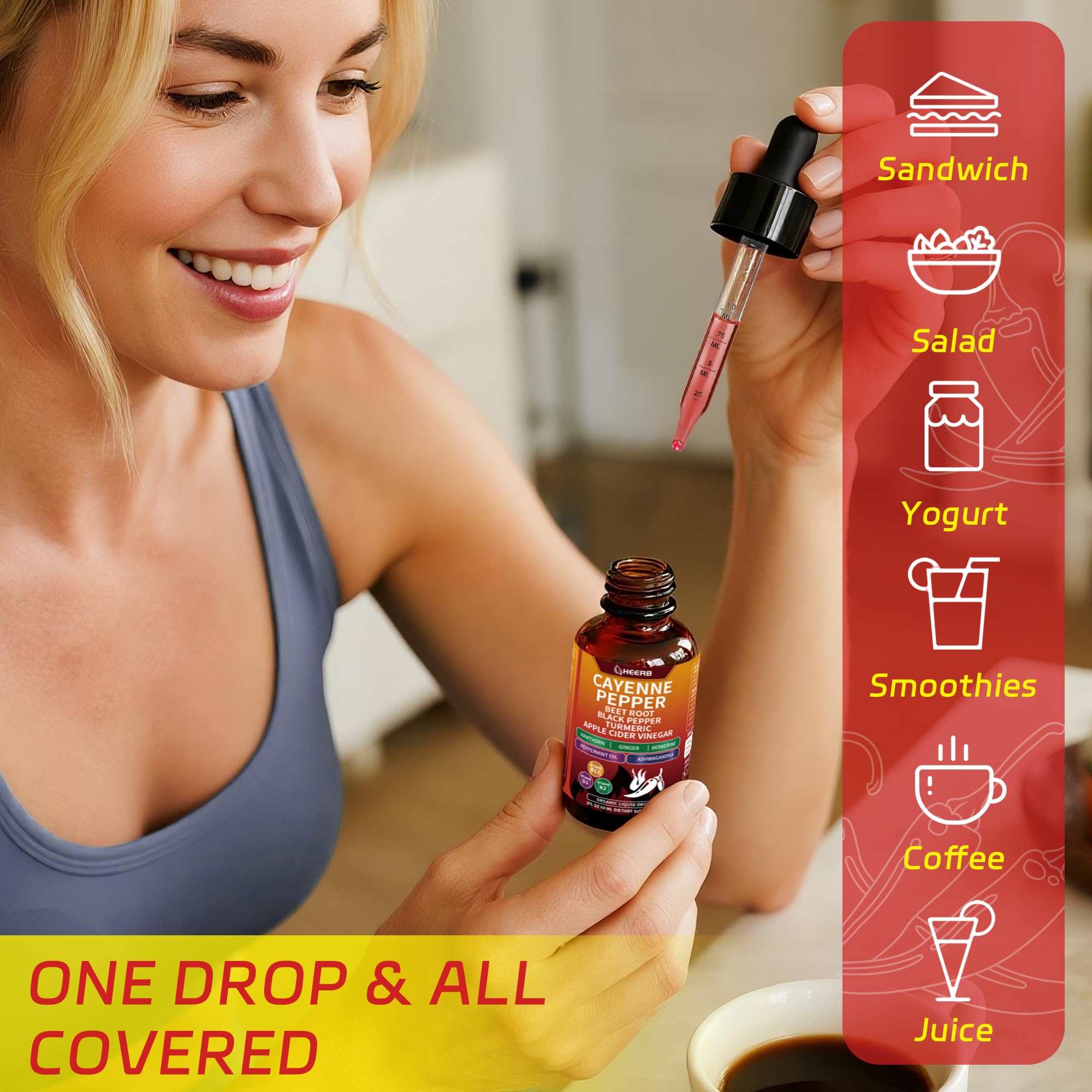 HEERB Vascuflow cayenne drops pour shot demonstrates simple dosage and quick absorption.