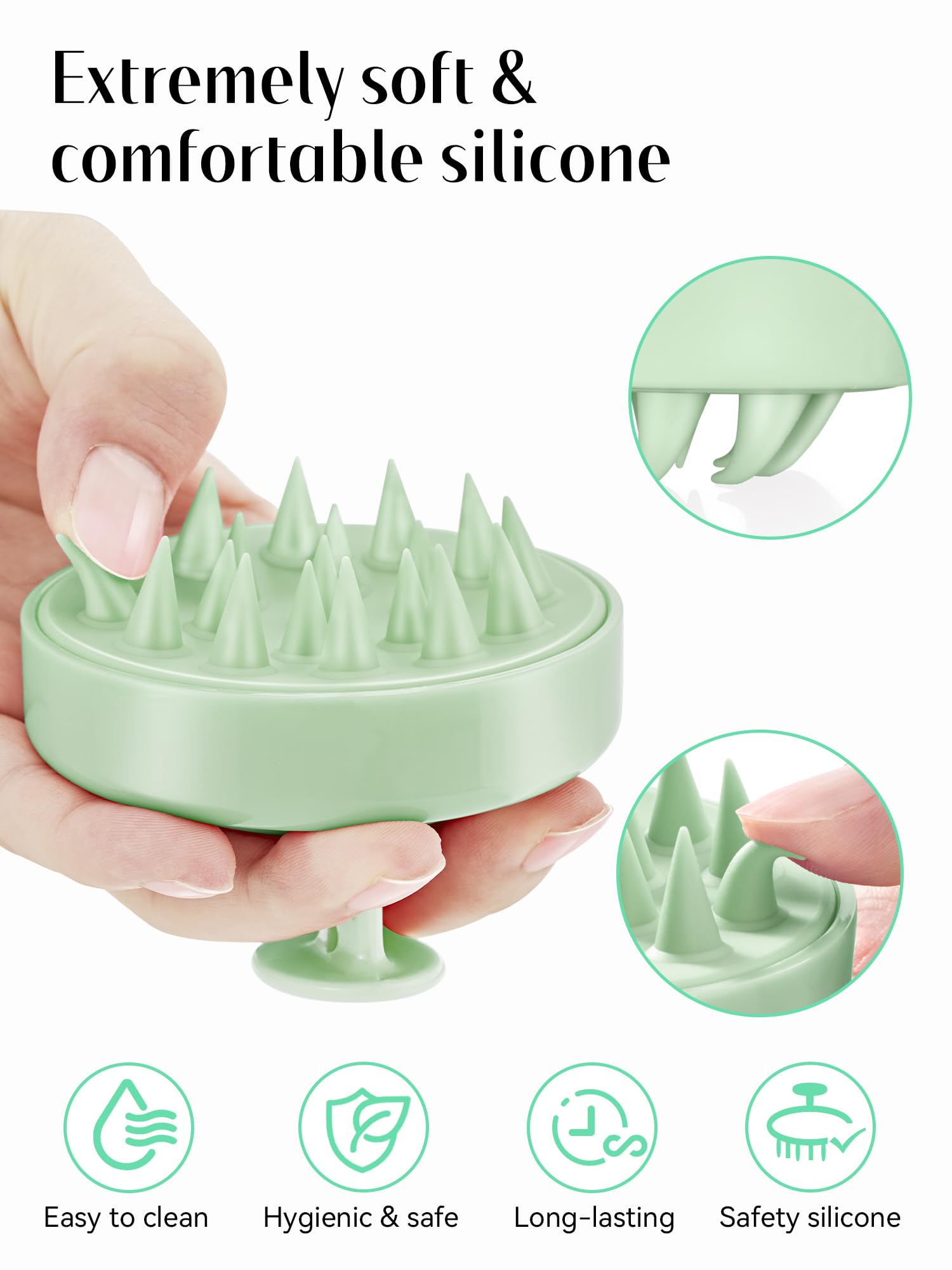 HEETA scalp massager with ergonomic, non-slip handle for secure grip.