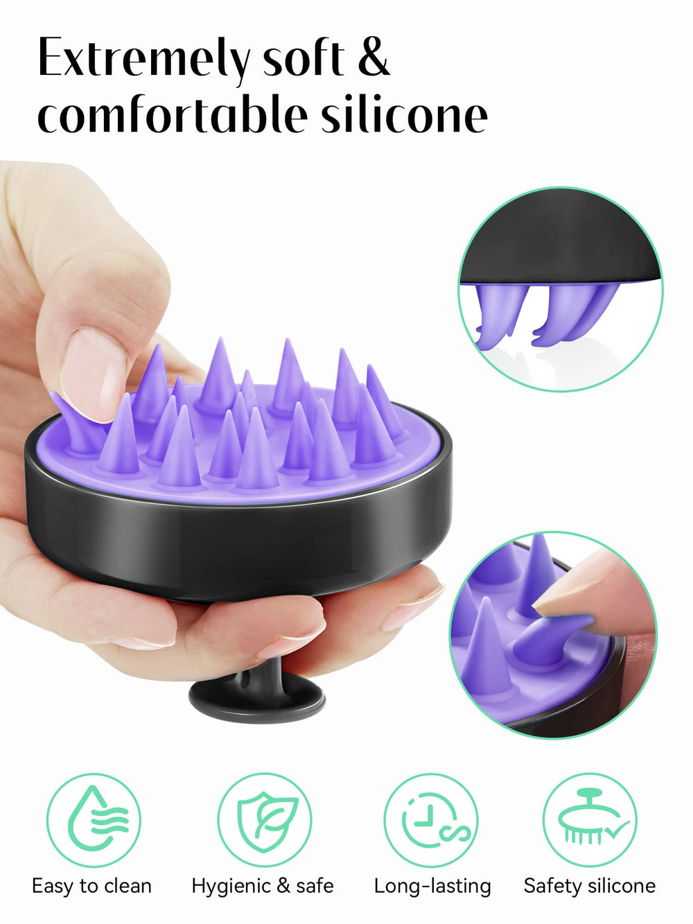 HEETA scalp massager helps distribute shampoo and oils for even coverage.