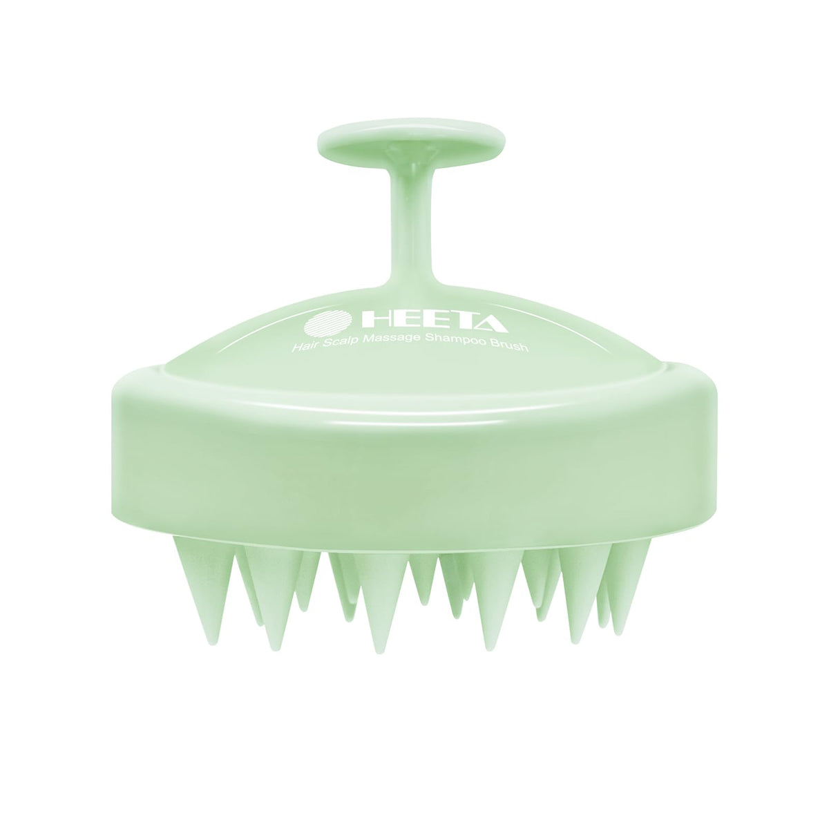 HEETA scalp massager with soft silicone bristles for gentle cleansing and relaxation.