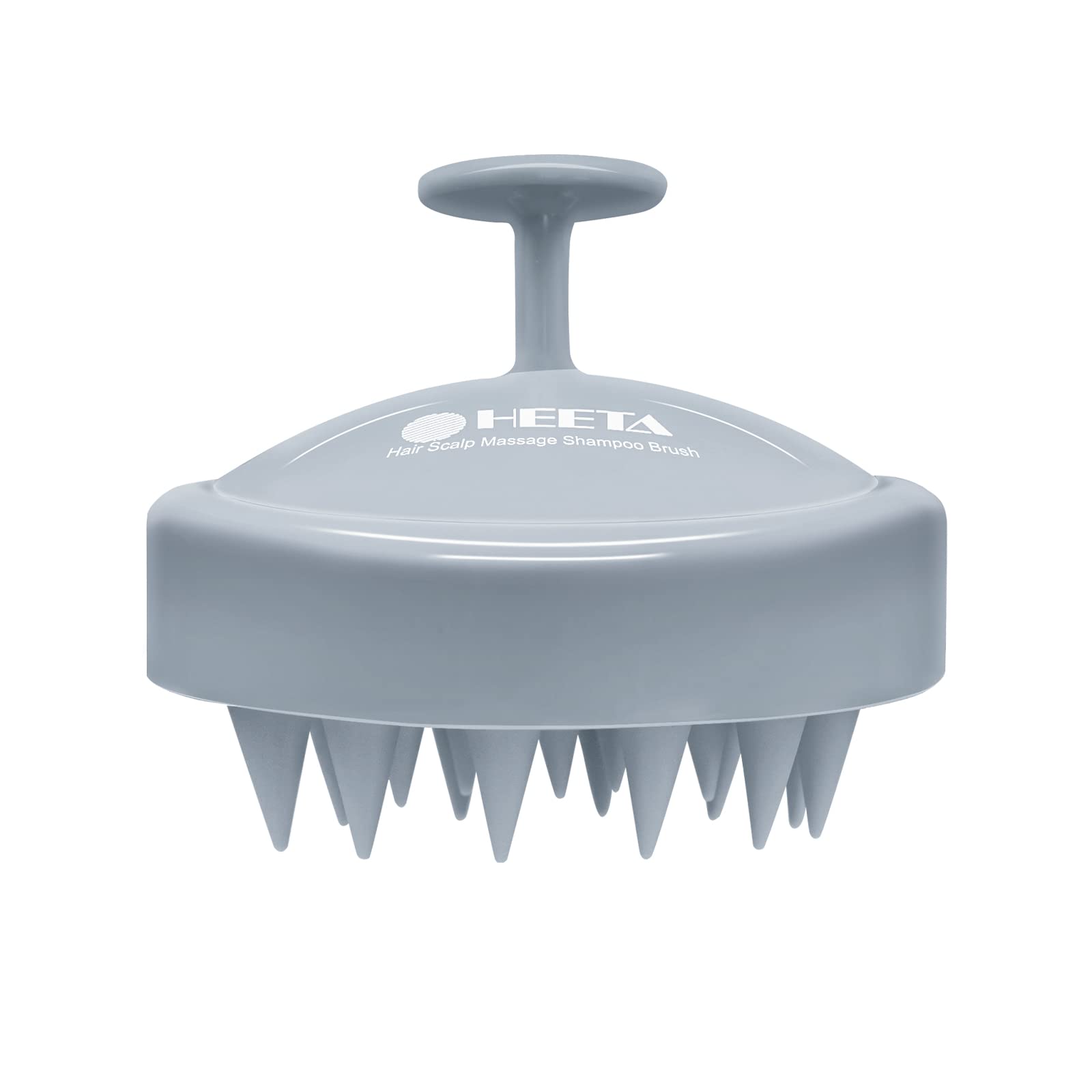 HEETA scalp massager with soft silicone bristles for gentle exfoliation and relaxation.