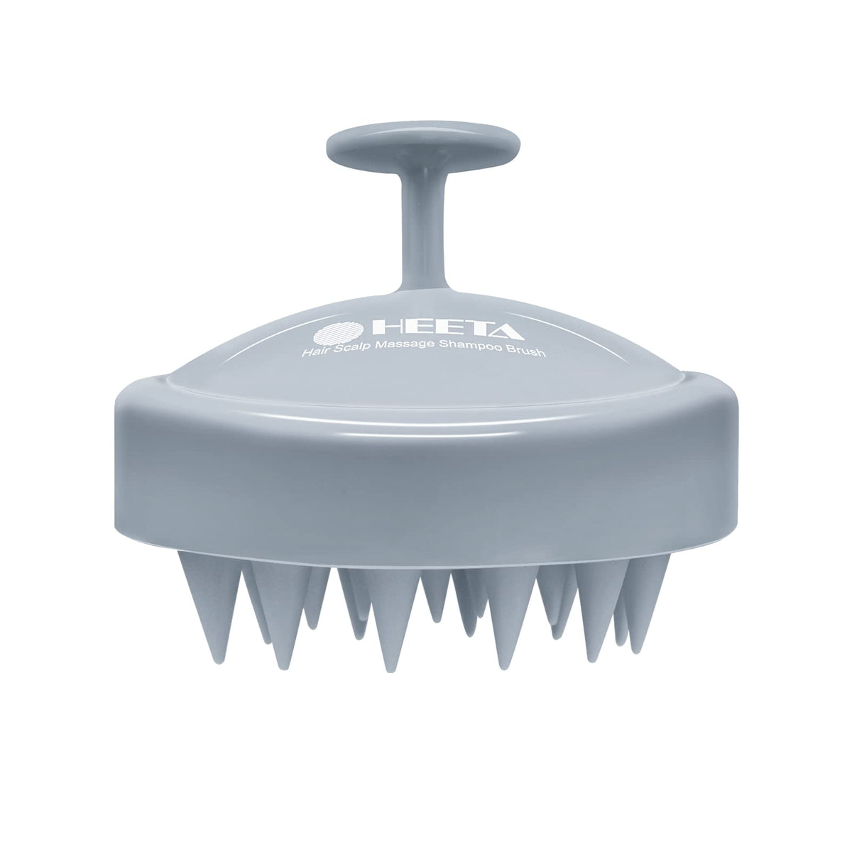 HEETA scalp massager with soft silicone bristles for gentle exfoliation and relaxation.
