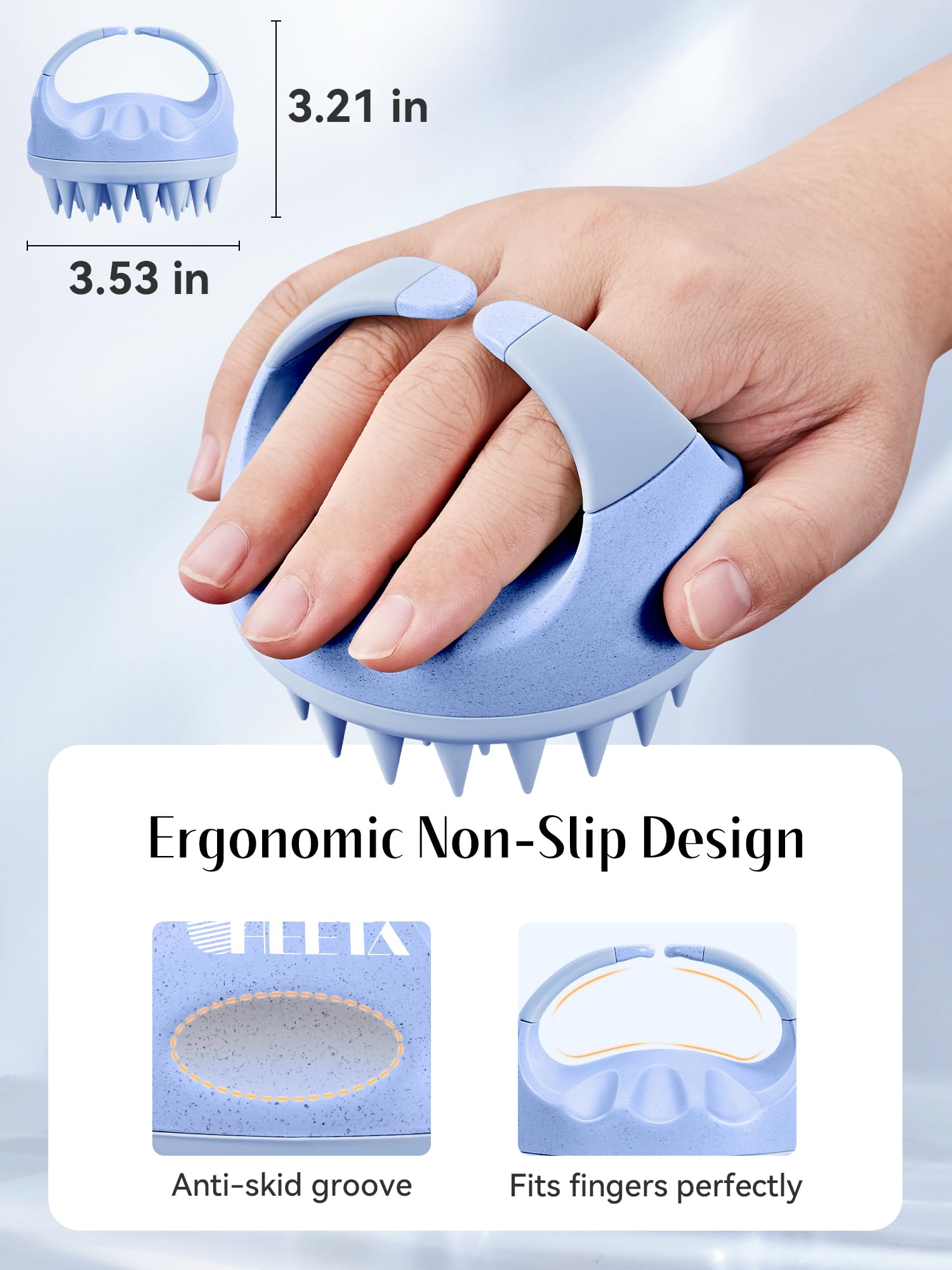 HEETA silicone bristles close-up showing gentle scalp exfoliation