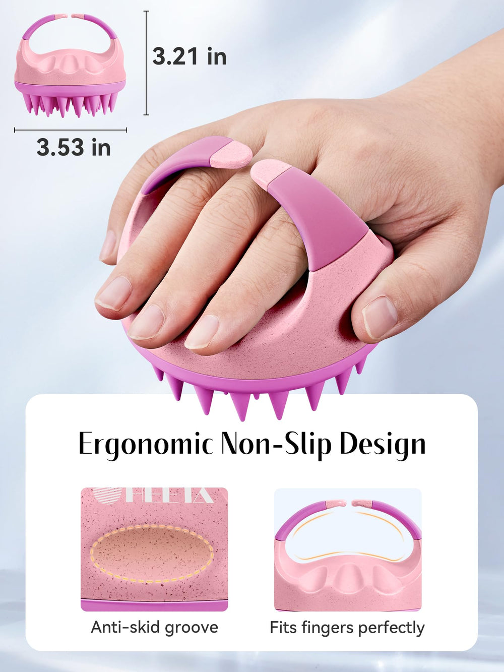 HEETA soft silicone bristles close-up show gentle texture for soothing scalp massage.