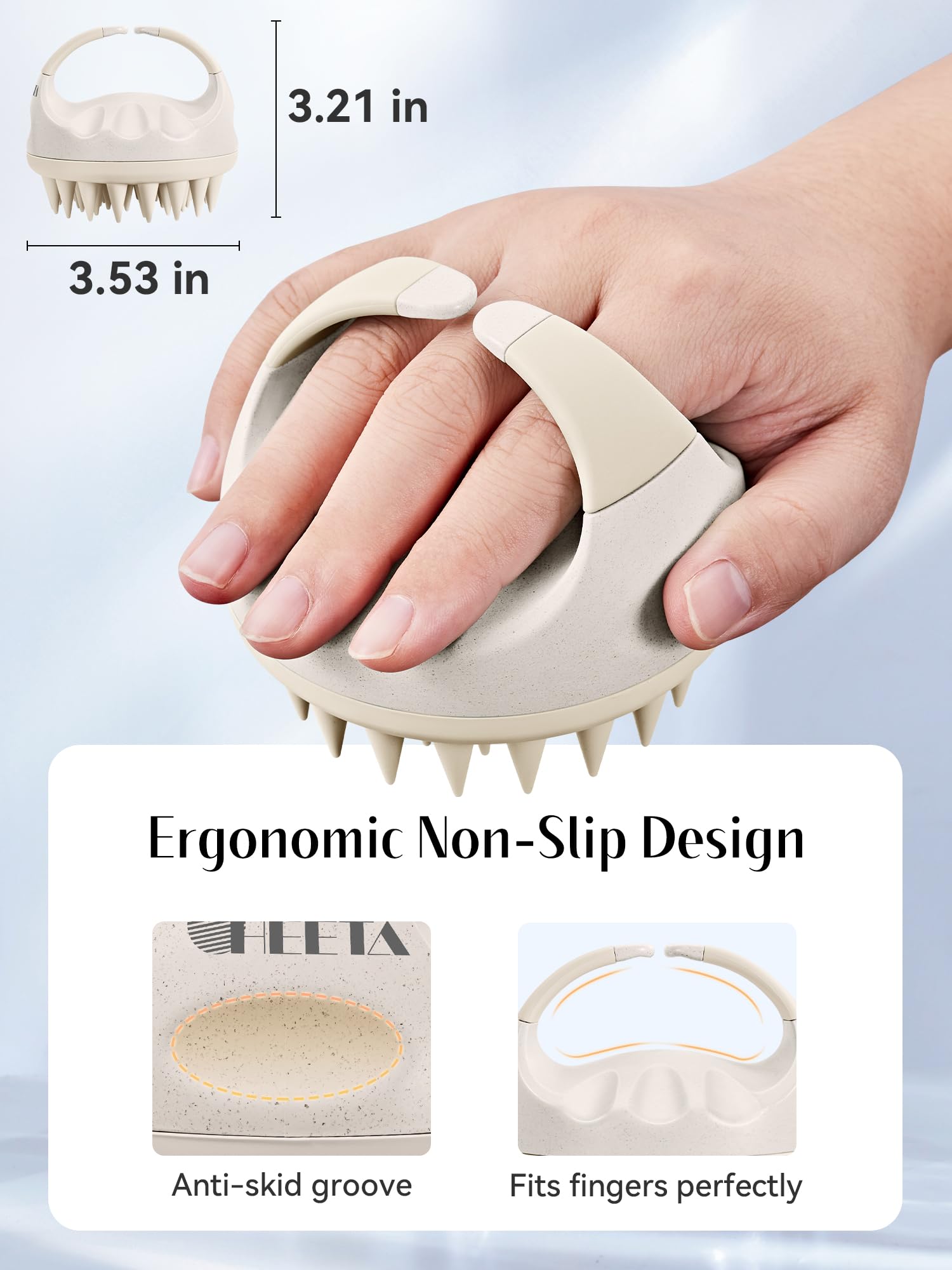 HEETA scalp massager with soft silicone bristles for itch relief and circulation.