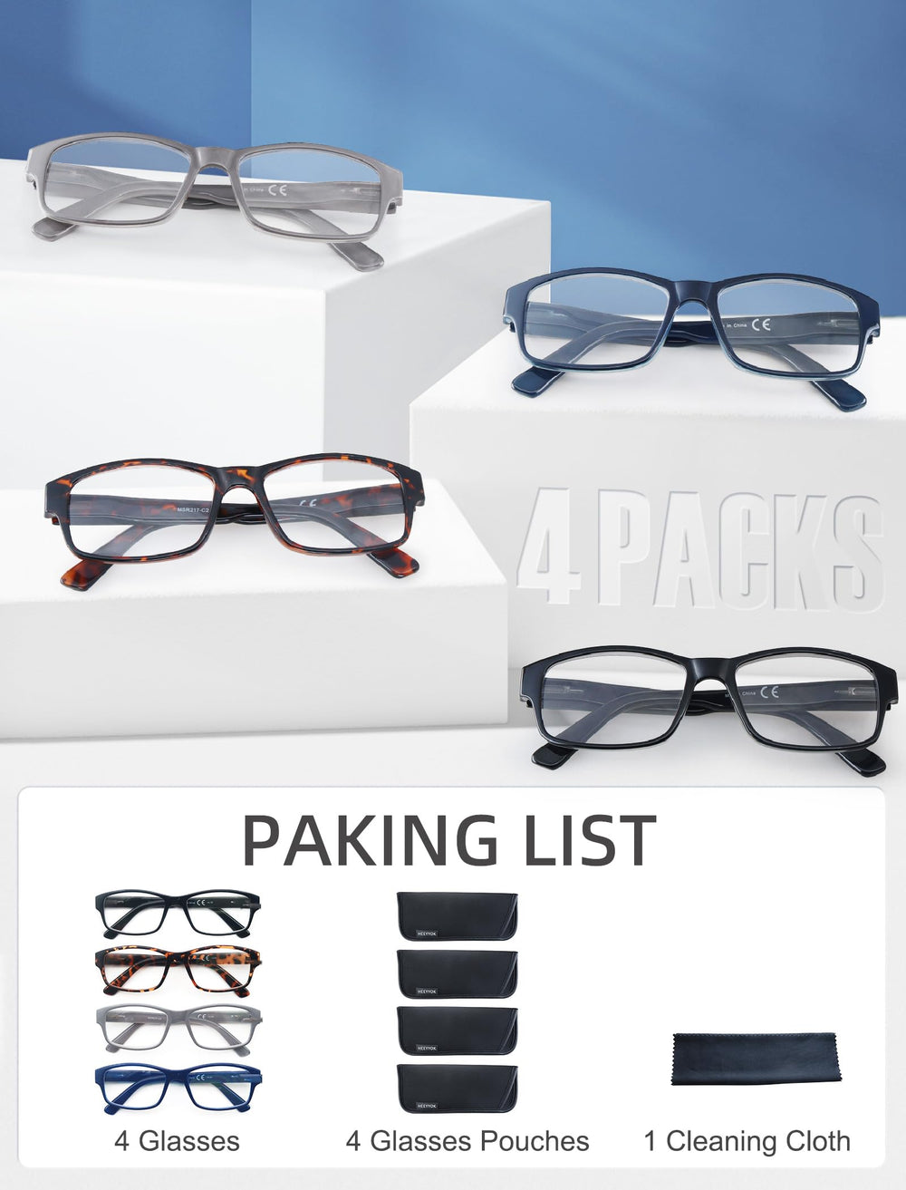 Gafas de lectura HEEYYOK grandes rectangulares con estuche incluido para guardar.