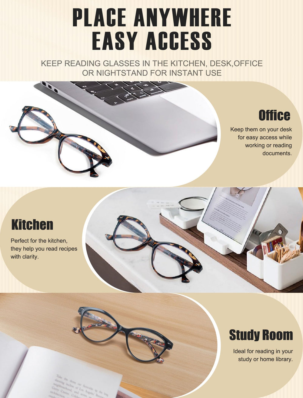 Model wearing HEEYYOK reading glasses for everyday activities.