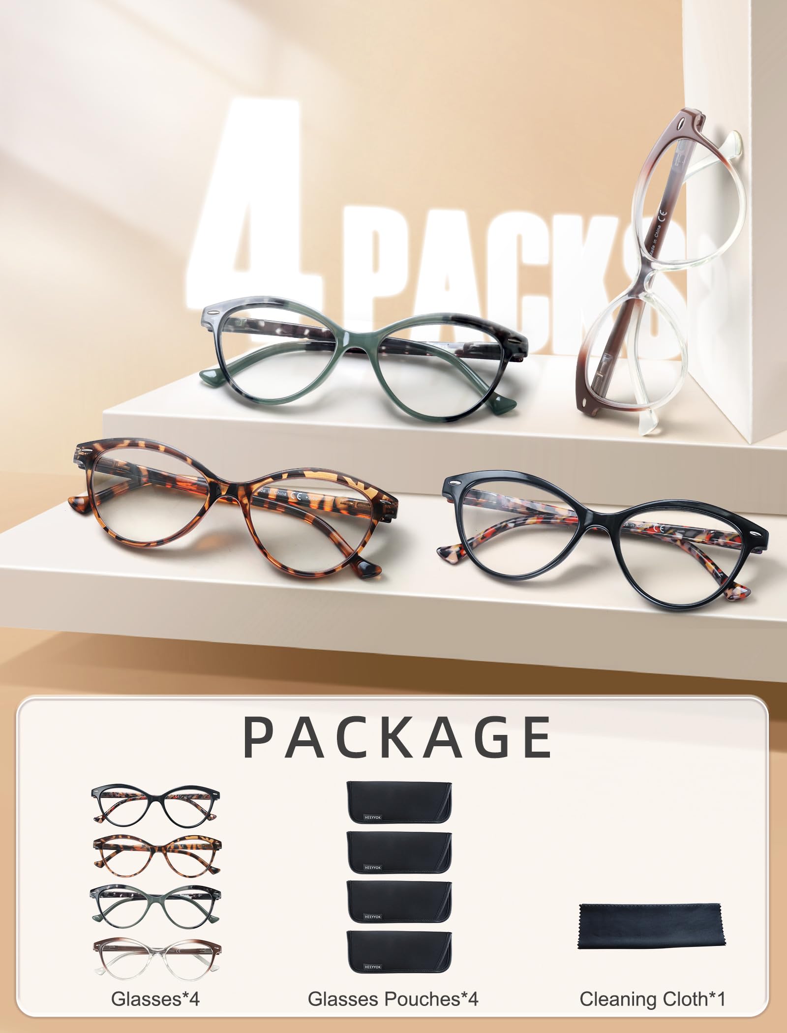 Packaging image shows four-pack of HEEYYOK glasses in multiple colors.