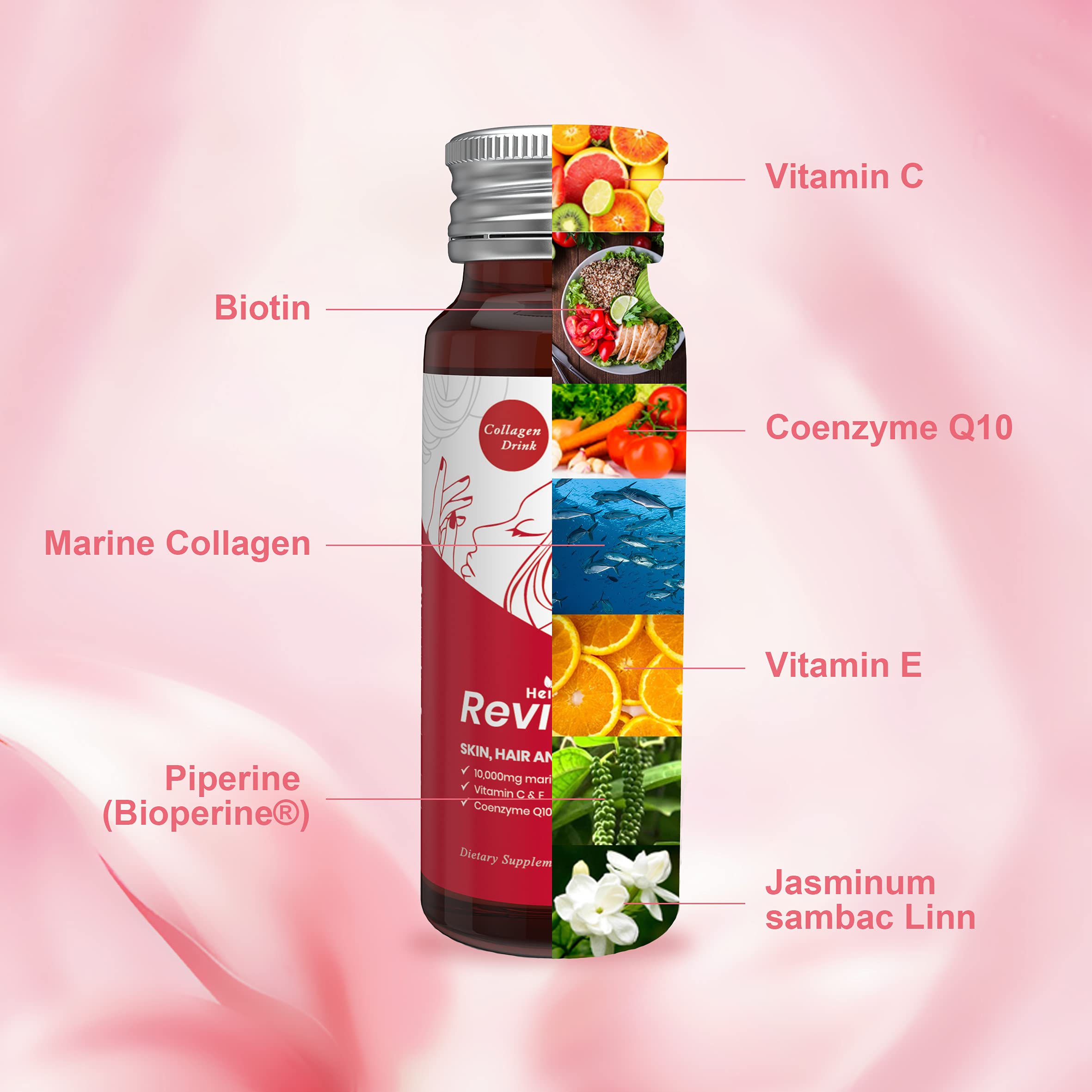 Heivy Liquid Collagen bottle back label showing ingredients and benefits.