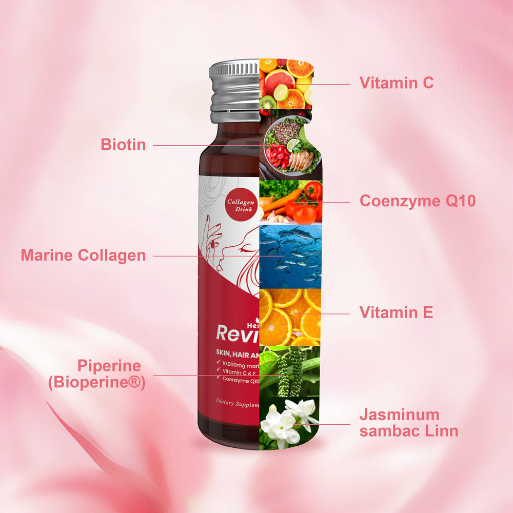 Heivy Liquid Collagen bottle back label showing ingredients and benefits.
