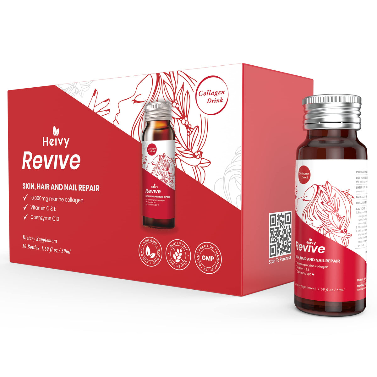 Heivy Liquid Collagen bottle front view supporting skin and hair health.