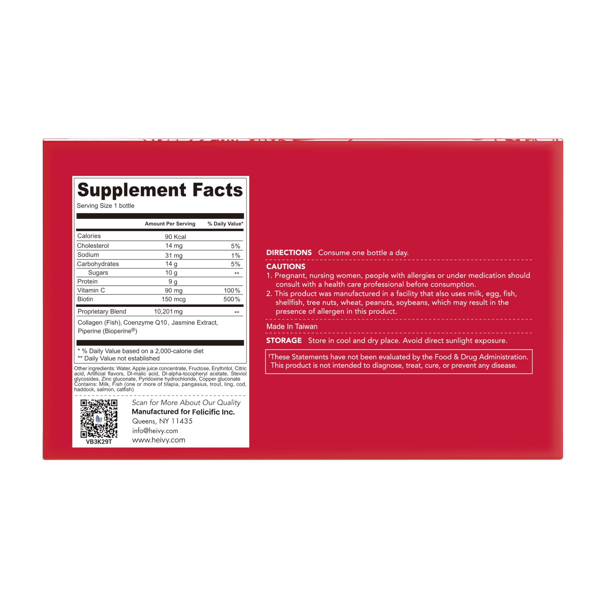 Hair, nails, and skin illustration beside Heivy Liquid Collagen bottle.