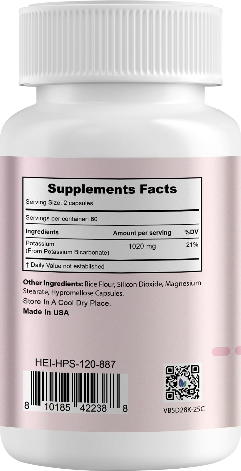 Cápsulas vegetales de Heivy Potasio 1020 mg, fáciles de tragar.