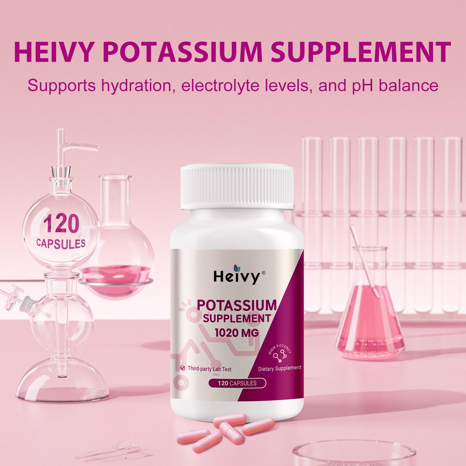 Ingredientes clave de Heivy Potasio 1020 mg para soporte mineral.