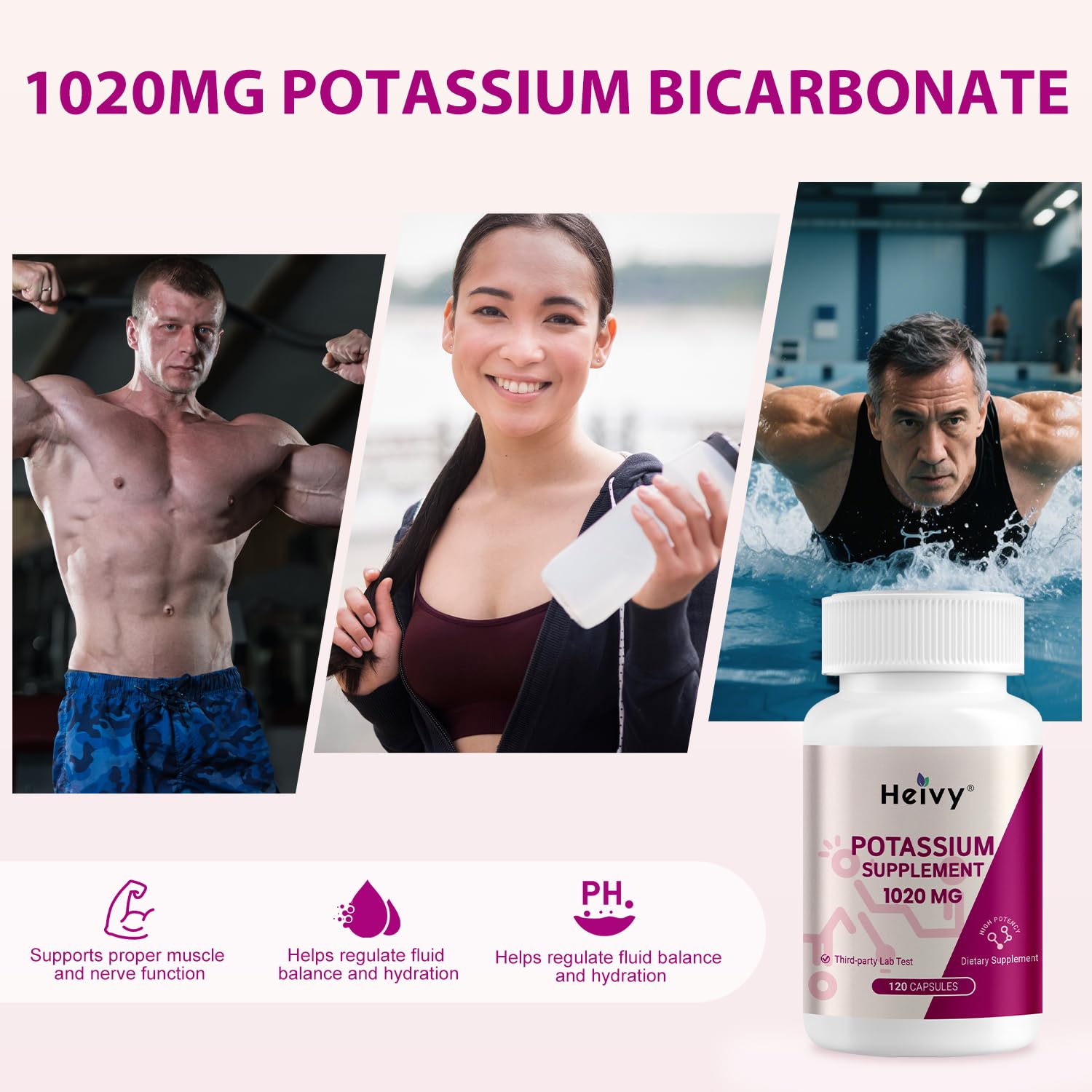 Heivy Potasio 1020 mg para apoyar la función muscular y el equilibrio de electrolitos.