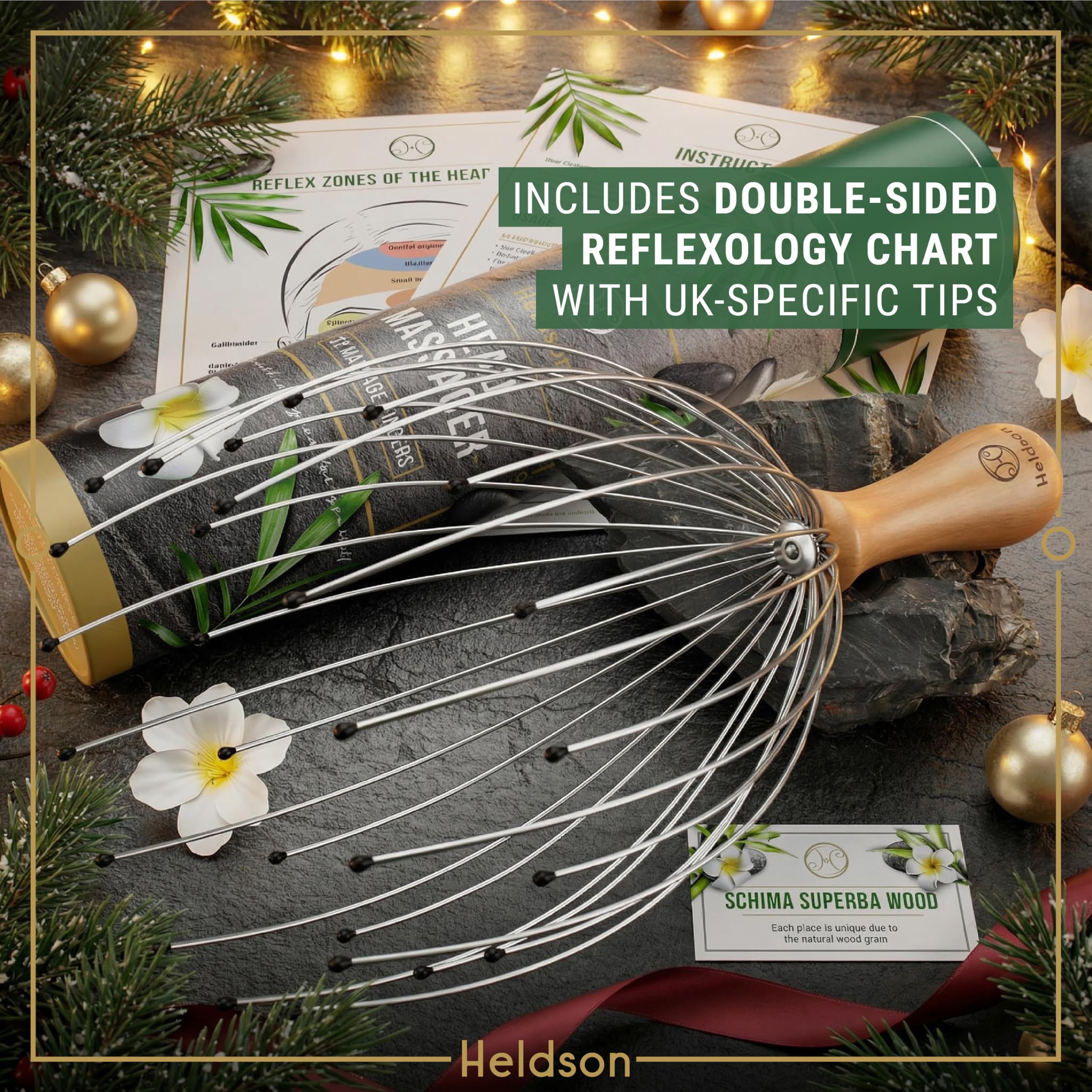 HELDSON wooden-handle massager detail highlighting handcrafted quality and premium feel.