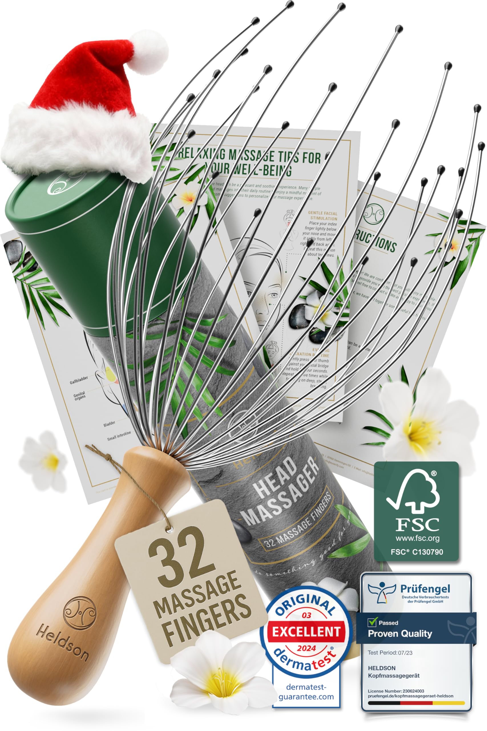 HELDSON head massager close-up showing 32 fingers for soothing scalp stimulation and relaxation.