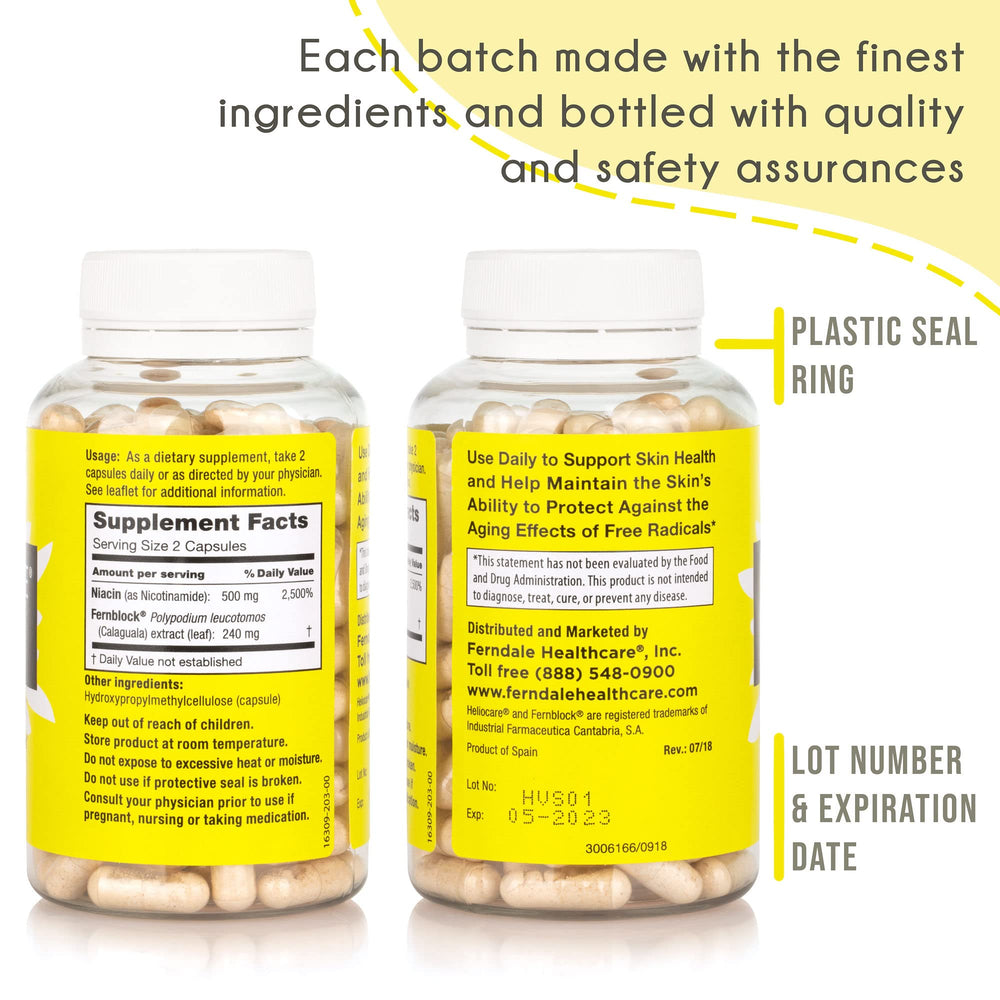 Heliocare Advanced capsules close-up highlighting Niacin 500 mg per serving