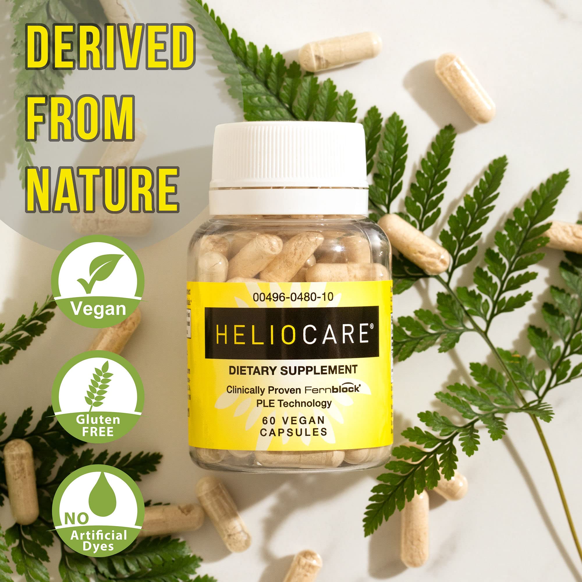 Heliocare ingredients label close-up featuring Polypodium leucotomos extract.