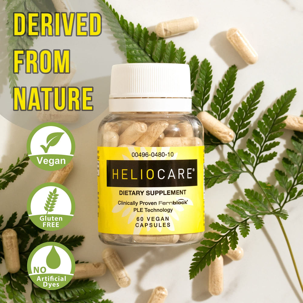 Heliocare ingredients label close-up featuring Polypodium leucotomos extract.