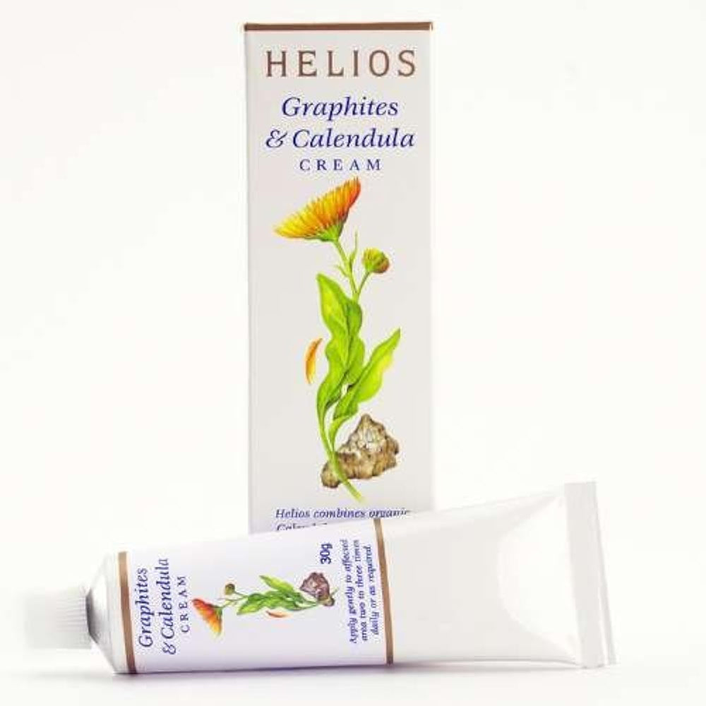 Helios Graphites and Calendula Cream tube, front view, soothing dry skin support.