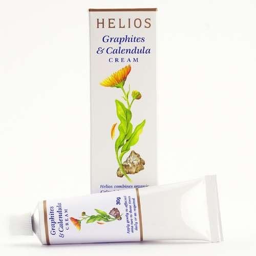 Helios Graphites and Calendula Cream, opened tube, easy-to-dispense plant-based formula.
