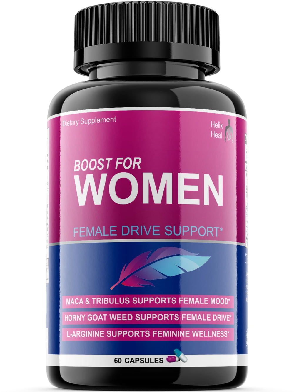 Helix Heal Libido Booster bottle front showing branding and arousal support potential.