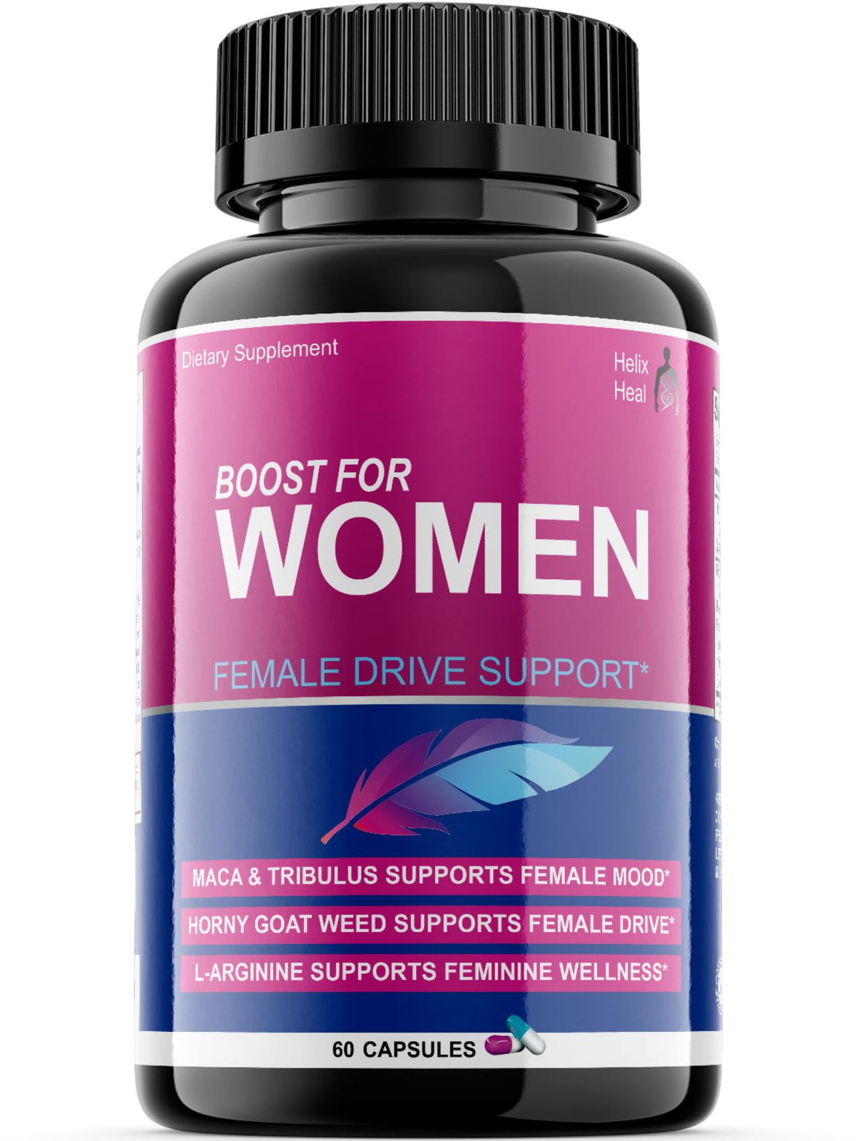 Helix Heal Libido Booster bottle front showing branding and arousal support potential.