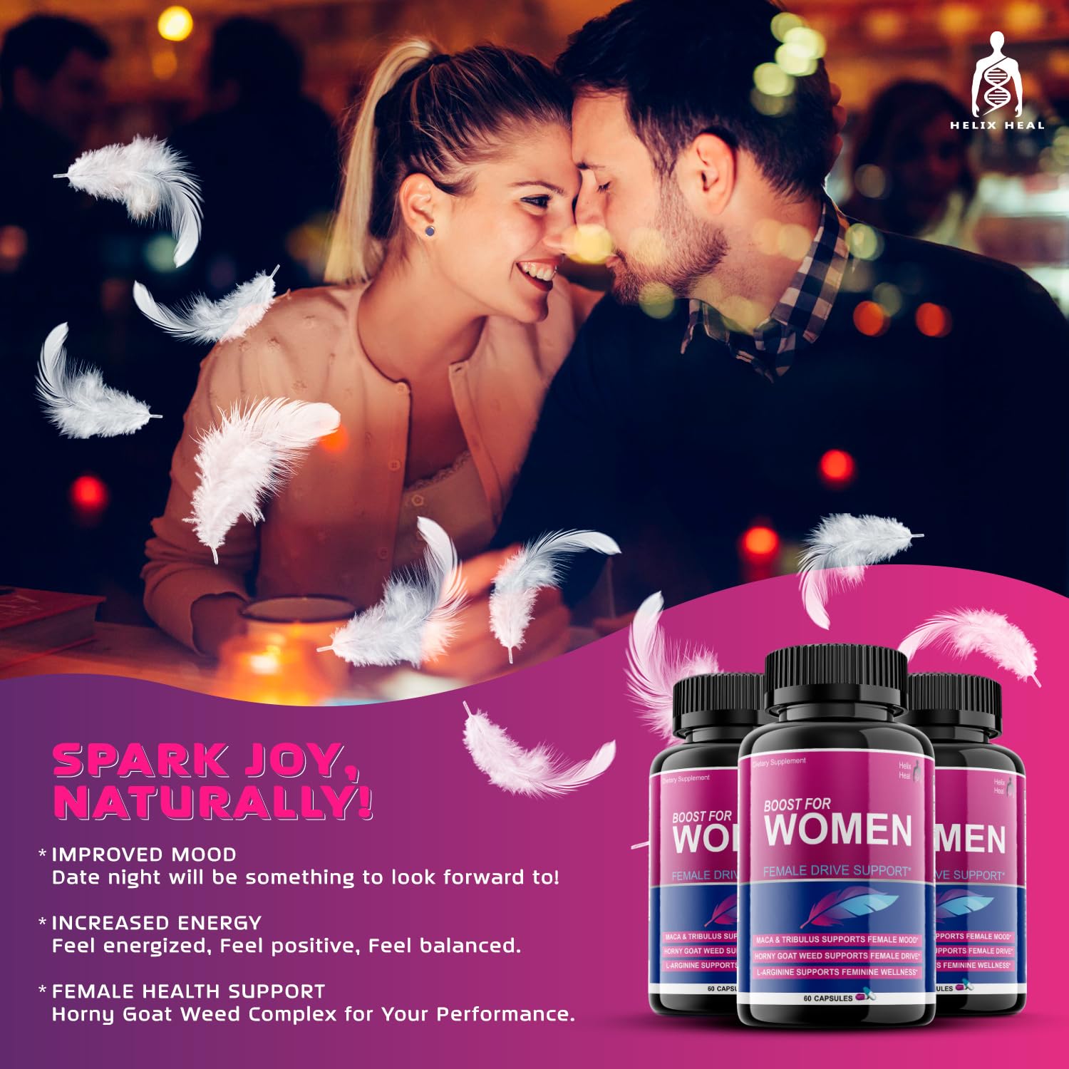 Maca root powder beside Helix Heal bottle emphasizing natural energy.