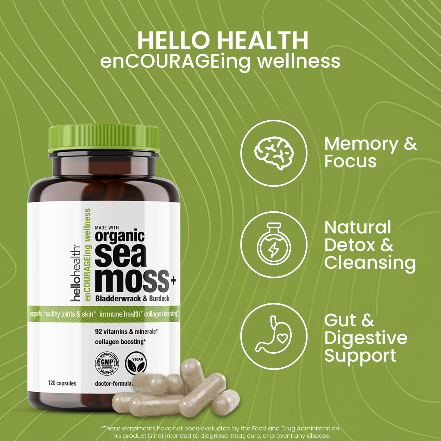 Hello Health Burdock Root Bladderwrack Sea Moss ingredients show natural prebiotics and support.
