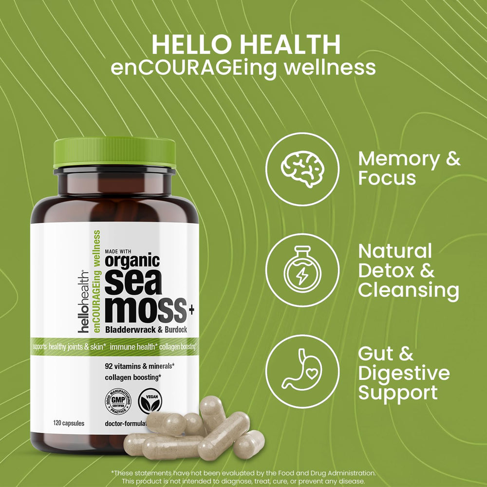 Hello Health Burdock Root Bladderwrack Sea Moss ingredients show natural prebiotics and support.