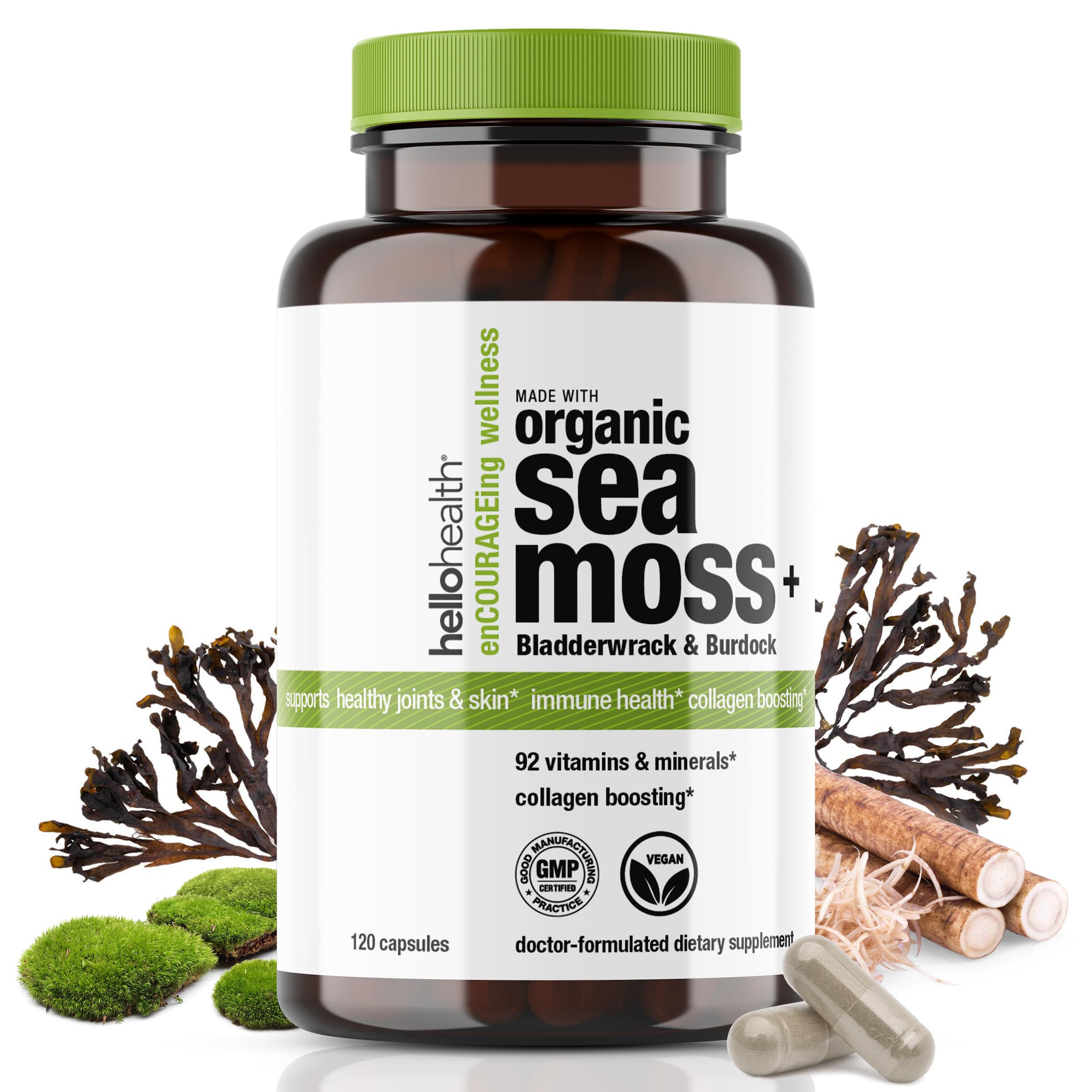 Hello Health Organic Sea Moss Capsules bottle for easy daily immune and energy support.