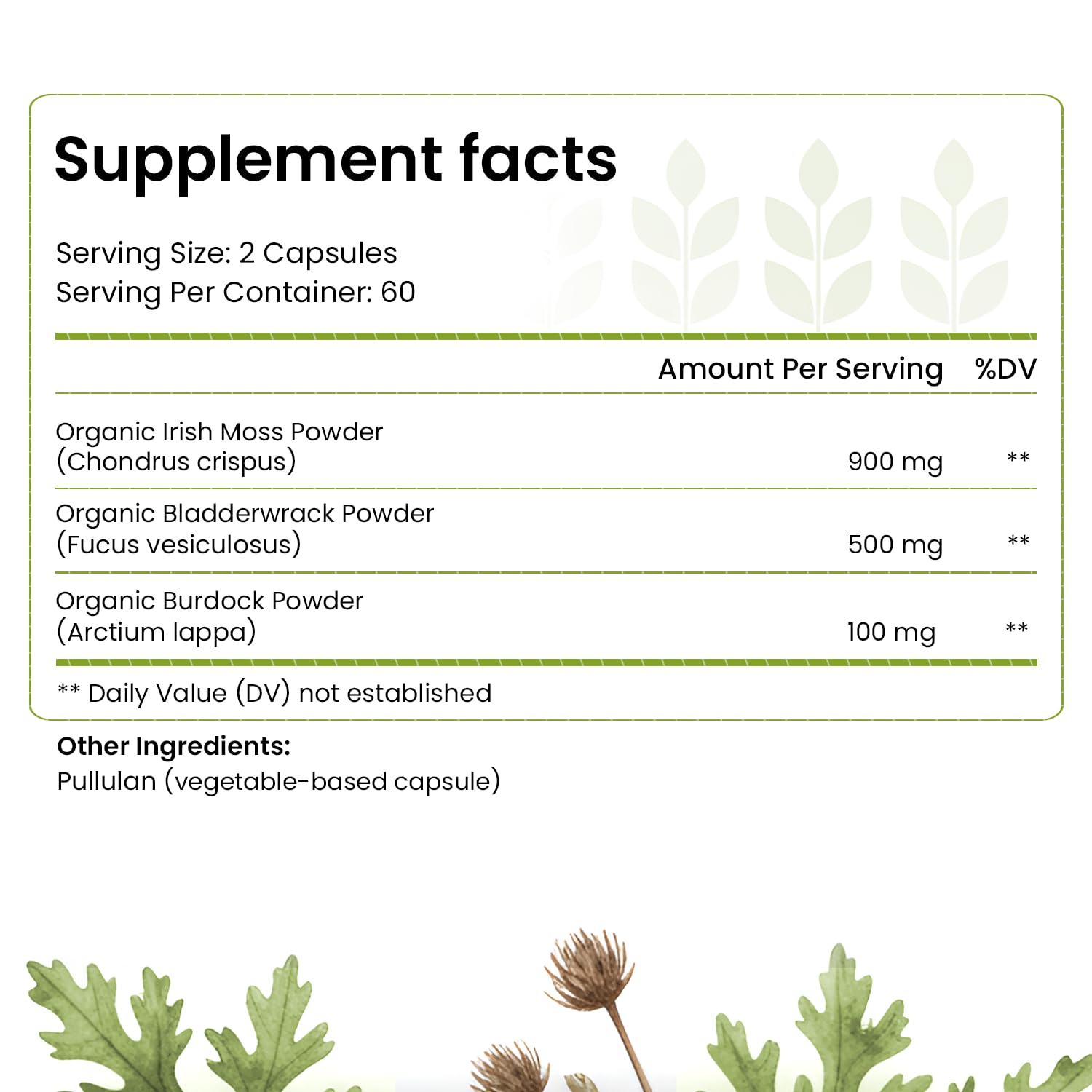 Hello Health Organic Sea Moss Capsules label shows key ingredients and vegan, gluten-free features.