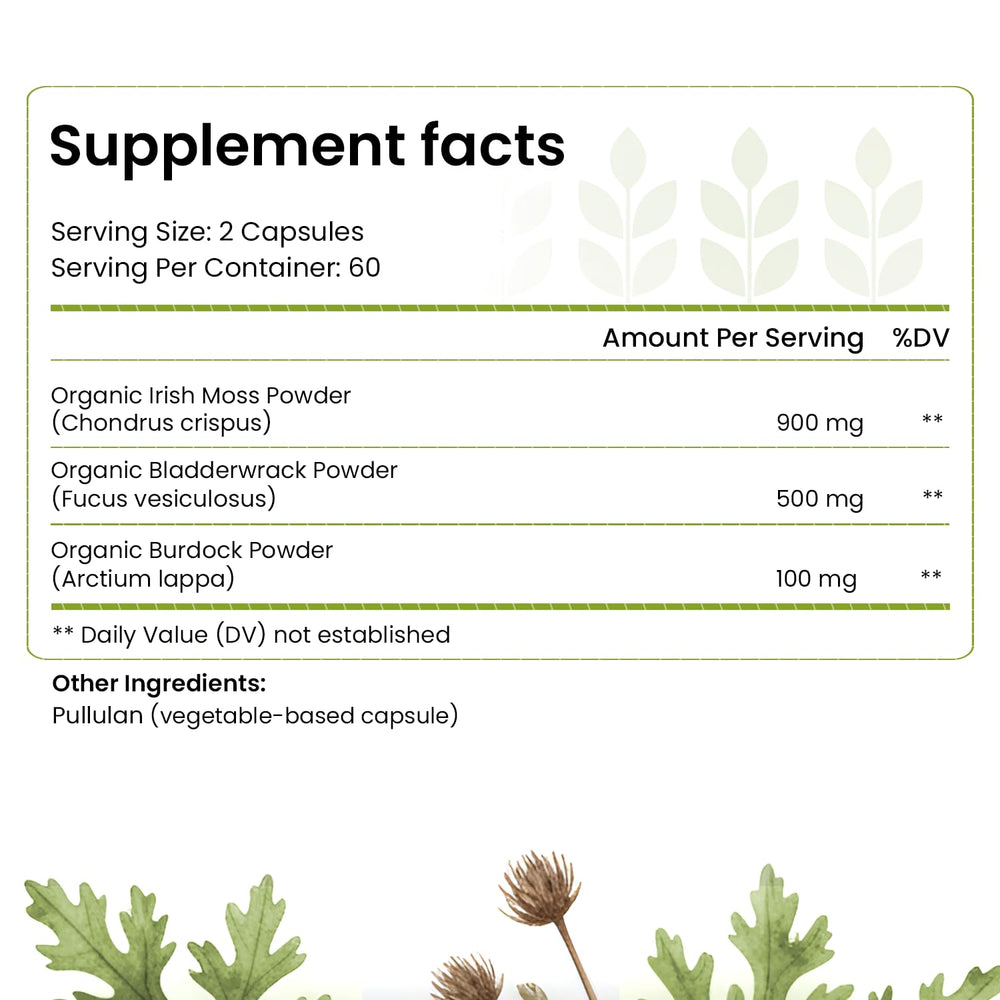 Hello Health Organic Sea Moss Capsules label shows key ingredients and vegan, gluten-free features.