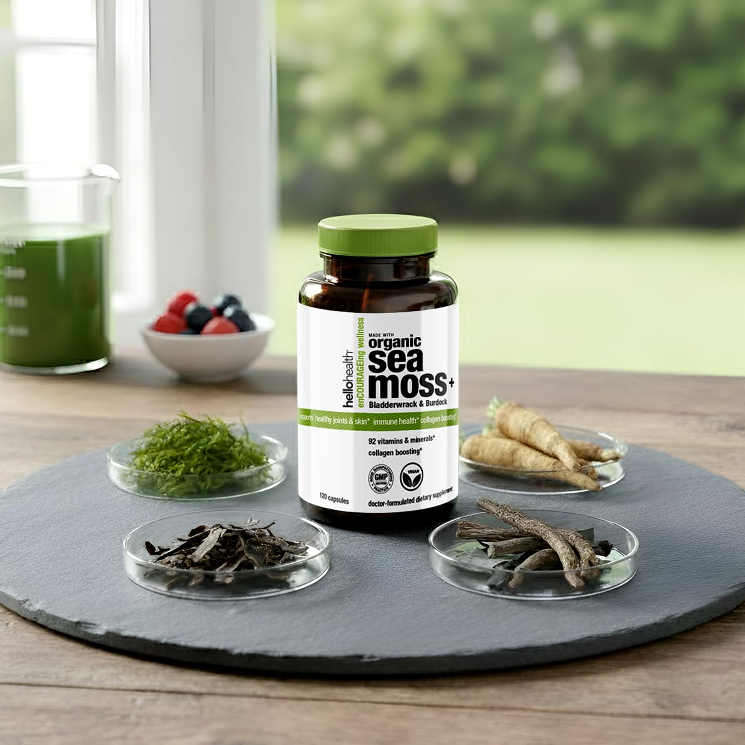 Hello Health Sea Moss Capsules poured-out image conveys easy dosing and texture.