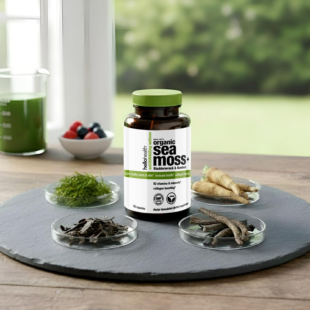 Hello Health Sea Moss Capsules poured-out image conveys easy dosing and texture.