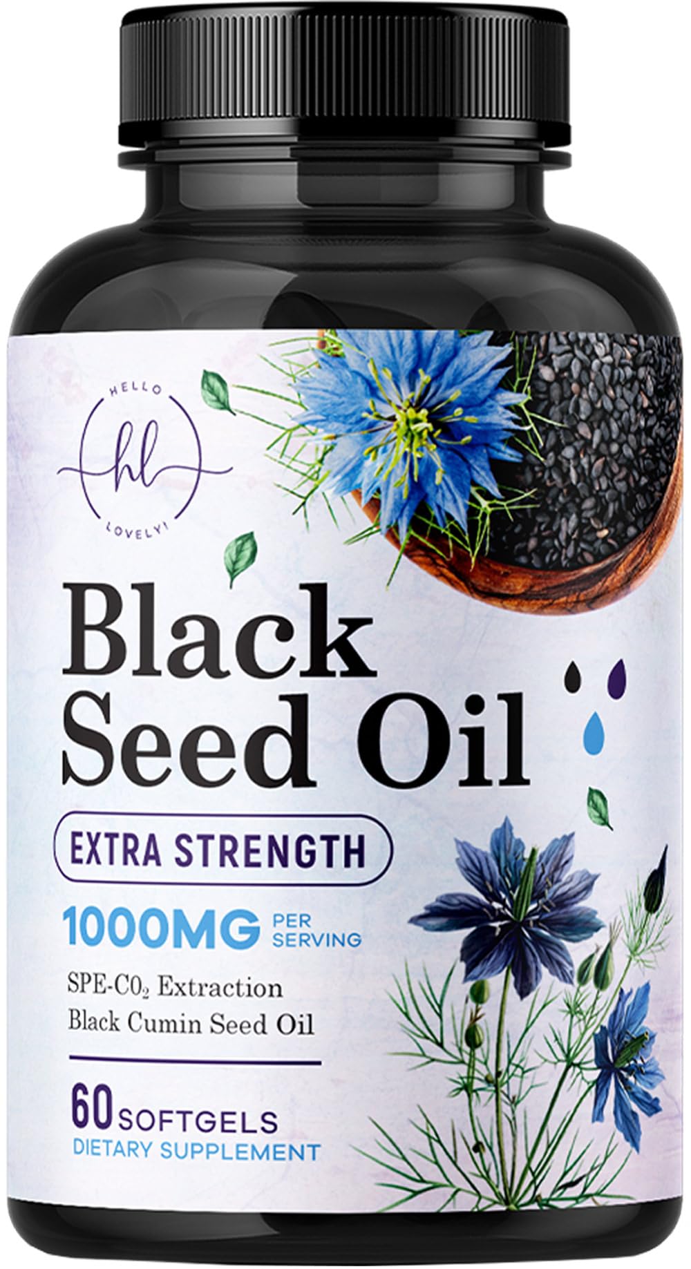 Hello Lovely Black Seed Oil Softgels bottle showcases premium wellness.