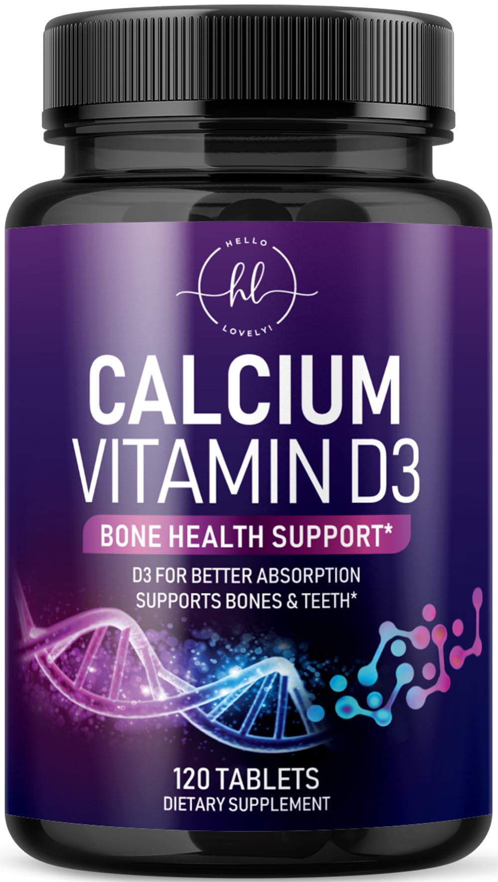 Hello Lovely calcium 1200mg bottle shows daily bone support with D3.