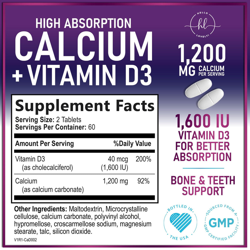 Hello Lovely calcium D3 tablets highlight easy-to-swallow daily use.