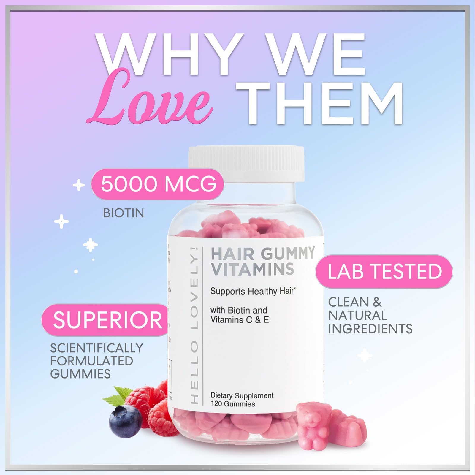 Hello Lovely! Glass bottle with gummies signals premium, gluten-free supplement choice.
