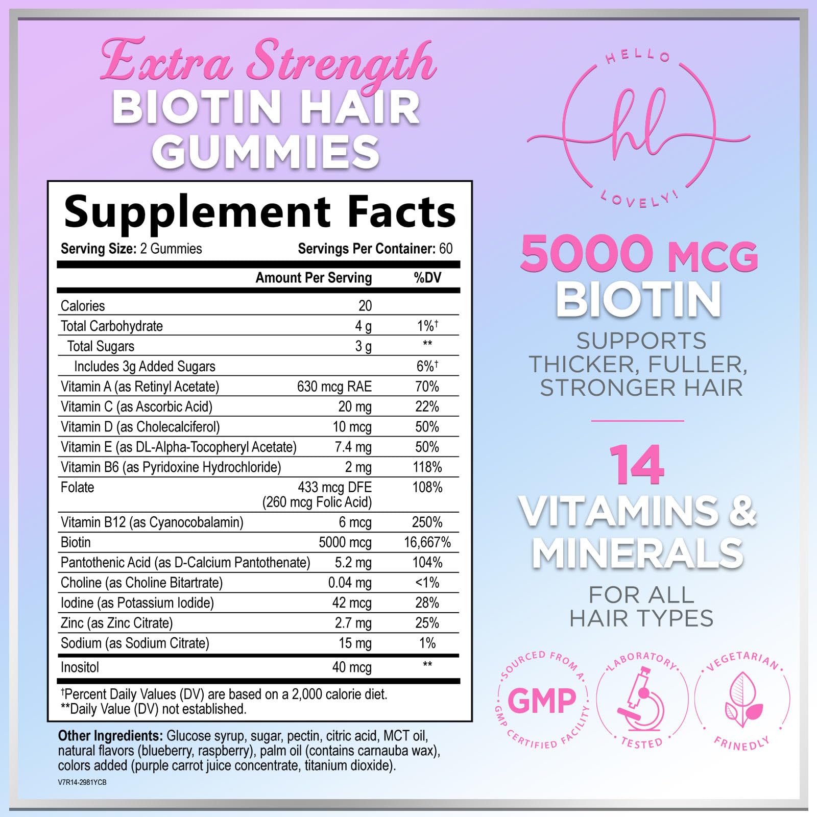Hello Lovely! Gummies closeup emphasizes tasty, non-GMO beauty supplement for hair, skin, and nails.