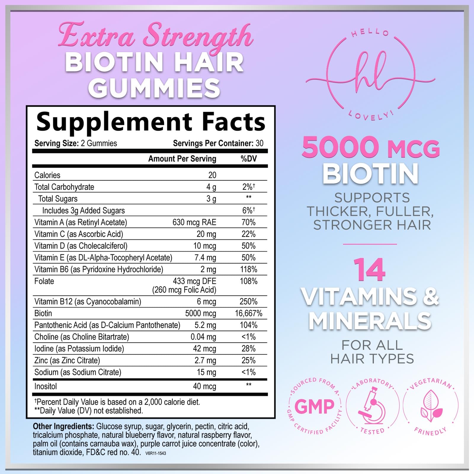 Hello Lovely hair vitamins gummies label close-up showcasing biotin and vitamins