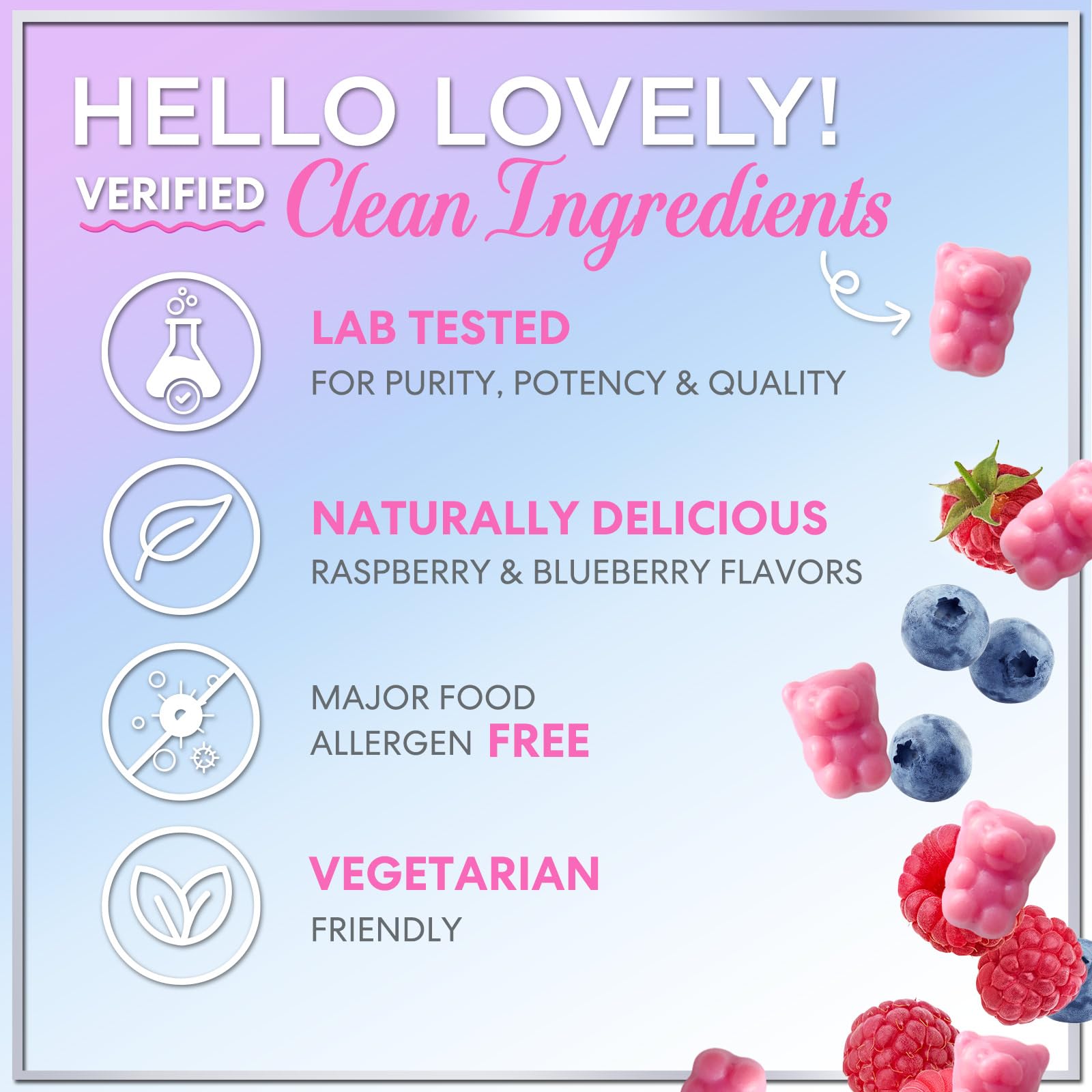 Hello Lovely! Ingredients packshot emphasizes biotin-rich formula and essential vitamins.