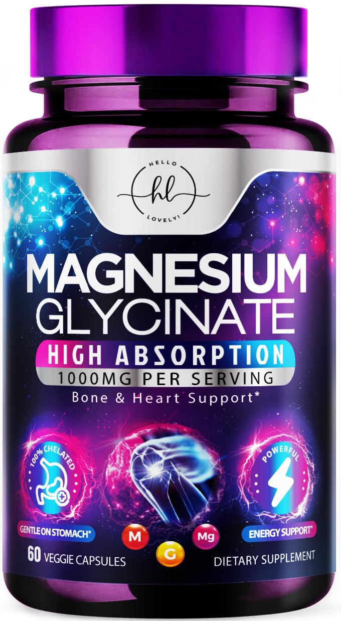 Hello Lovely Magnesium Glycinate 1000mg bottle on shelf for everyday calm