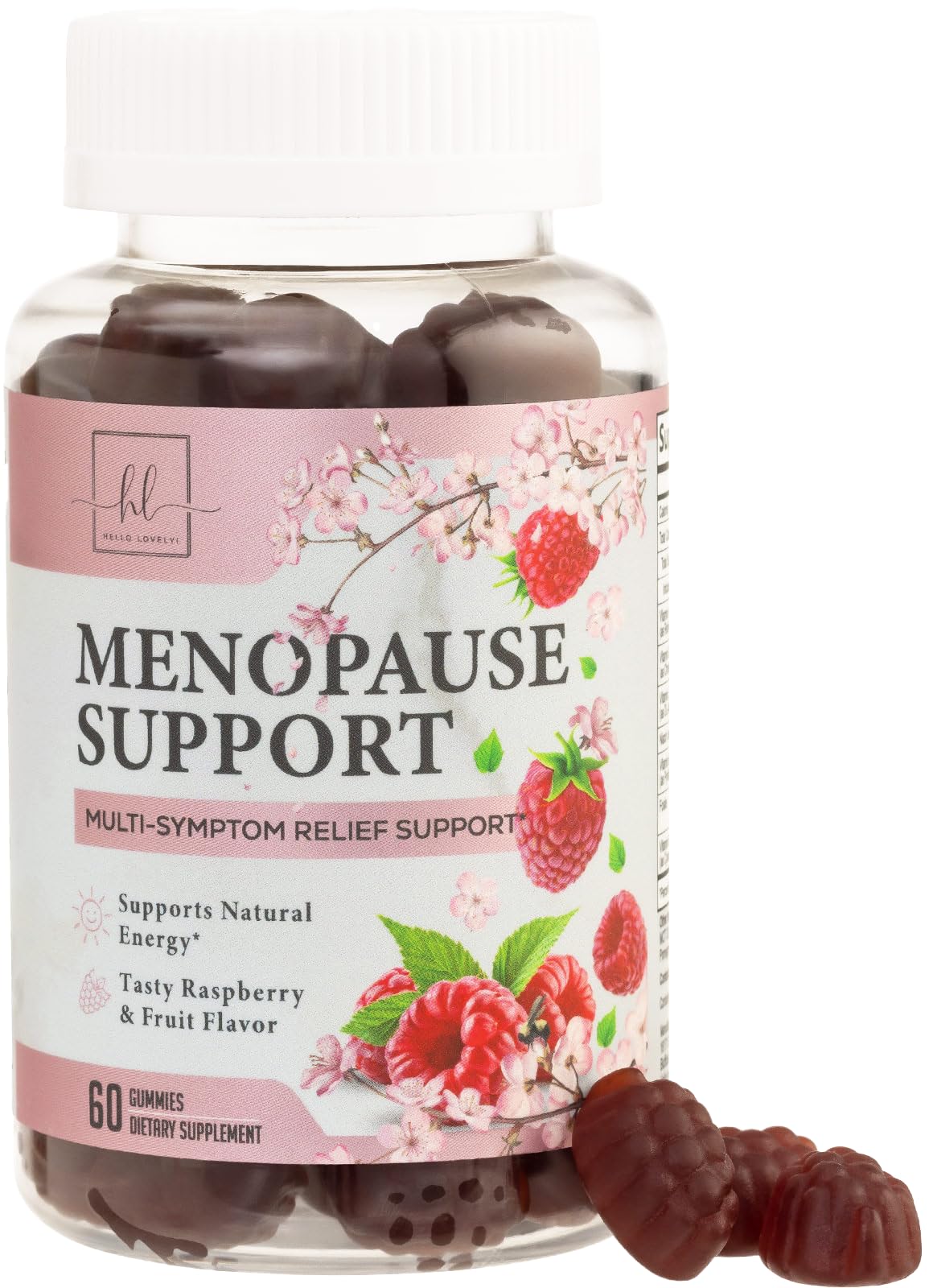 Hello Lovely menopause gummies bottle front showing gluten-free, hormone-free relief for hot flashes.